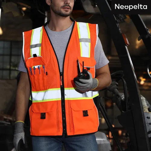Vista 6 de Neopelta Chaleco de seguridad reflectante de malla naranja, fabricado con cinta reflectante 3M, chaleco resistente con bolsillo para identificación