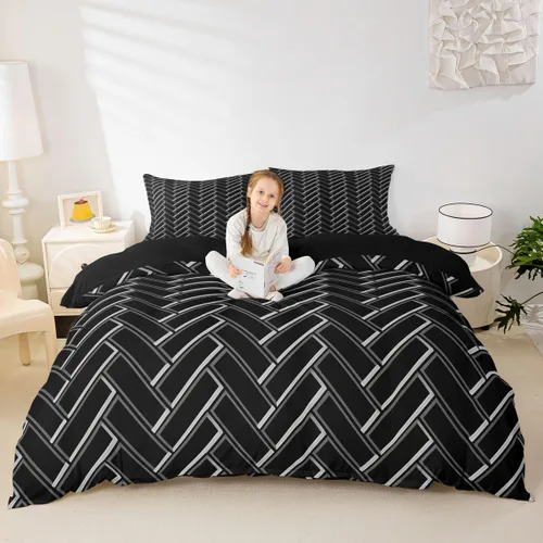 Vista 5 de Juego de funda de edredón geométrica negra Twin XL, juego de ropa de cama a rayas negras y blancas, moderno, suave, de lujo, de microfibra