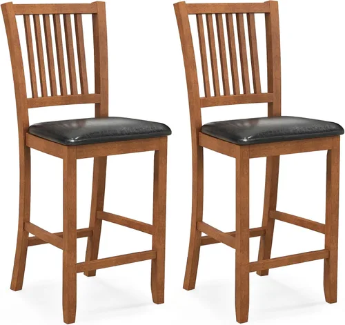 Vista 6 de Juego de 2 taburetes de bar, sillas de comedor de madera, taburete de bar con respaldo y asiento acolchado, taburetes de bar tapizados