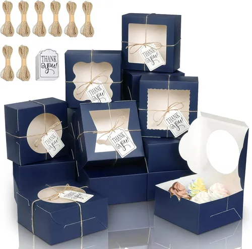 Vista 14 de KPOSIYA 65 cajas de panadería con ventana de 6 x 6 x 3 pulgadas, cajas de galletas de 5 estilos, cajas pequeñas de pastelería para dulces, postres