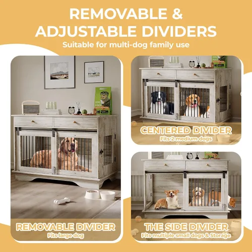 Vista 5 de Caja de mueble para perros de 47", Caja de perro estilo mueble grande para perros grandes/medianos/pequeños (Gris retro, una jaula)