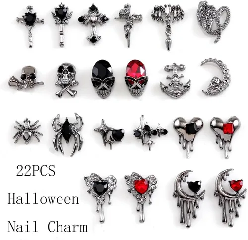 Vista 8 de Dijes de araña 3D para uñas de araña, dijes de araña plateada para uñas, incrustaciones de gemas rojas y rosas, punk, retro, diamantes de imitación