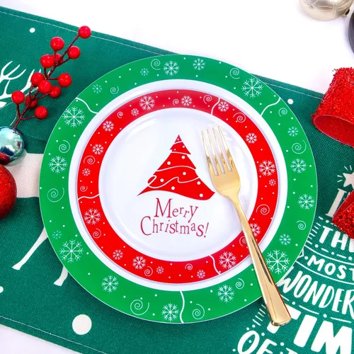 Vista 4 de Rubtlamp 60 platos de plástico de Navidad, platos de plástico blanco con árbol de Navidad rojo y verde, plato desechable para fiesta de Navidad