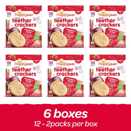 Vista 2 de Happy Baby Organics Organic Teether Gletres Gluten Free Strawberry & Remoet con Amaranth, 0.14 oz, 12 Count (Paquete de 6)