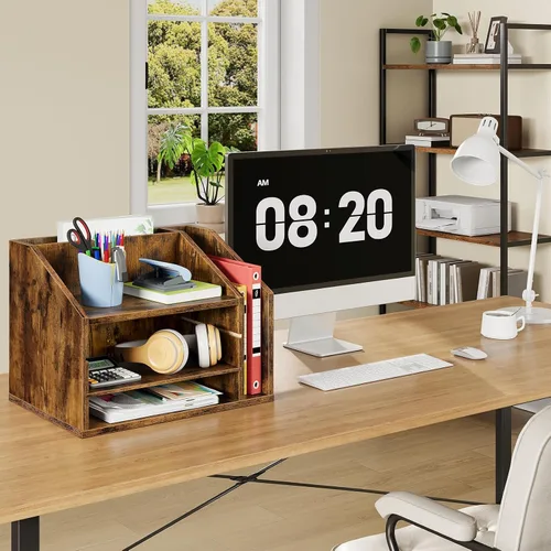 Vista 3 de CHOEZON Organizador de escritorio de madera con particiones ajustables, soporte de archivos de escritorio de varias capas para oficina en casa