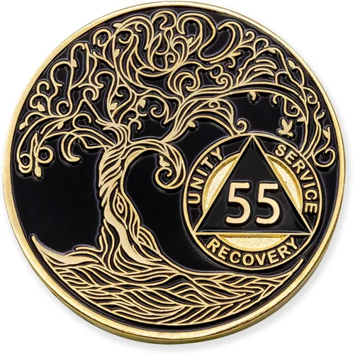 Vista 185 de 1 año Sobriety Mint Twisted Tree of Life Medallón de recuperación AA chapado en oro, chip/ficha - negro