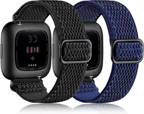 Vista 11 de Bandas elásticas compatibles con Fitbit Versa 2 Band para mujeres y hombres, paquete de 2 correas deportivas de nailon suave ajustable transpirable