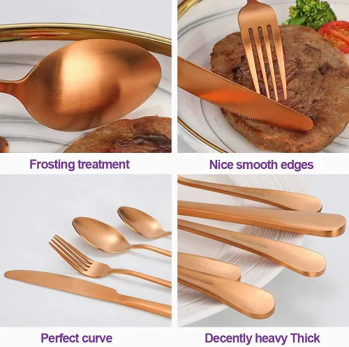 Vista 5 de Juego de cubiertos de oro rosa mate, 20 piezas de acero inoxidable mate oro rosa, juego de cubiertos de servicio para 4, utensilios para cocina