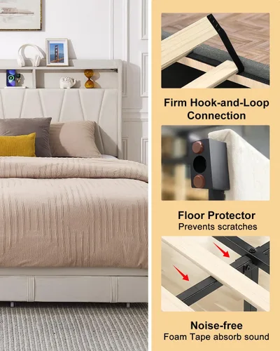 Vista 7 de Marco de Cama Queen, Cama de Plataforma LED Tapizada en Terciopelo con Almacenamiento en Cabecero, Cama Queen con Estación de Carga Integrada con 2