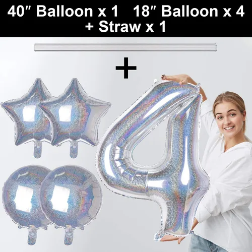 Vista 4 de PartyWoo Globos de números, 5 globos de papel de aluminio plateado, globo de número grande, globo de feliz cumpleaños, globos de helio para fiestas