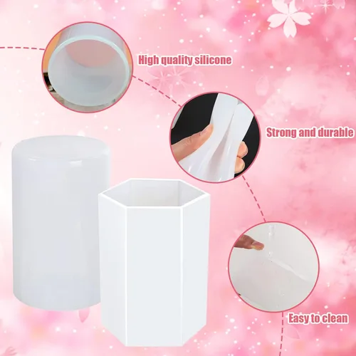 Vista 3 de Molde de vela de silicona hexagonal cilíndrica, 2 moldes de vela para hacer velas, velas de pilar de resina para velas de aromaterapia, cera