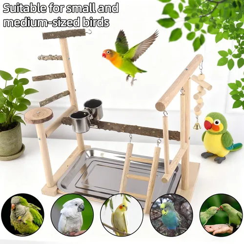Vista 4 de Parque infantil para pájaros pequeños, de madera natural, soporte de juguete con bandeja extraíble, escalera para cacatúas, periquitos, tortolitos