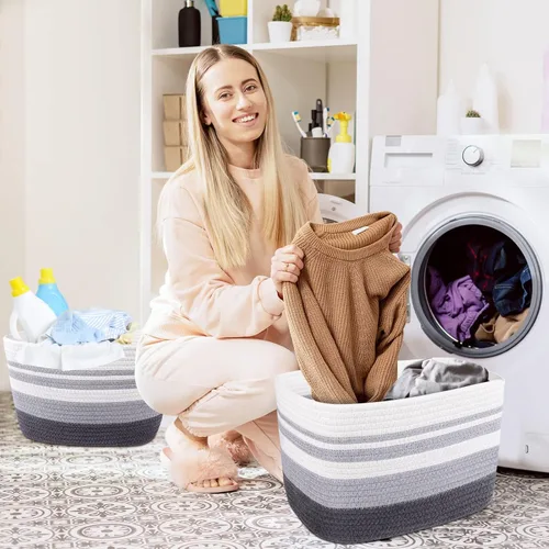 Vista 6 de WISELIFE Cesta de almacenamiento de 3 unidades, lavandería, manta, cuerda de algodón y cestas tejidas para organizar, almacenamiento de juguetes