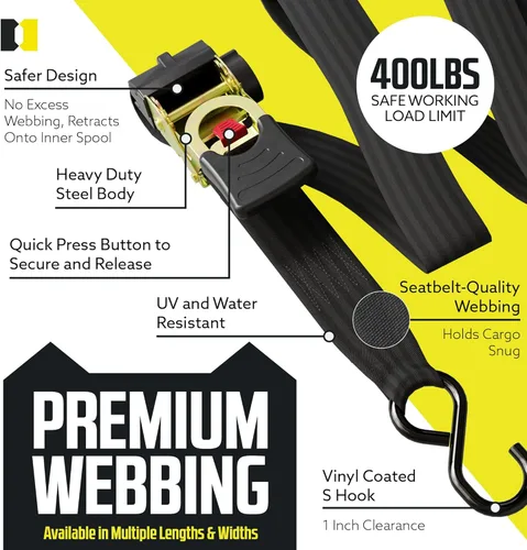 Vista 3 de DC Cargo Mall Correas de trinquete retráctiles automáticas (paquete de 4) de 2 pulgadas x 6 pies, súper resistentes, resistencia a la rotura