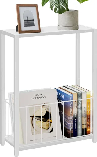 Vista 10 de Homleke Mesa auxiliar con soporte para revistas, soporte para tocadiscos con estante LP, mesa auxiliar para sala de estar, dormitorio o mesita