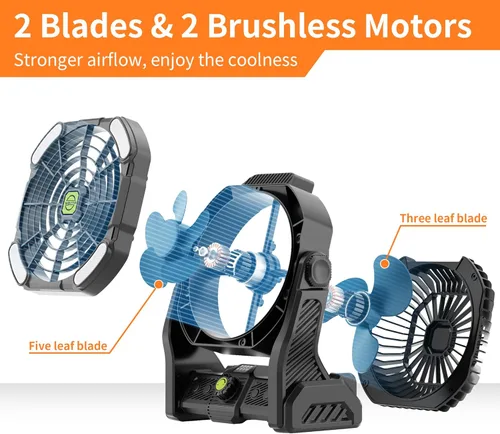 Vista 3 de Ventilador recargable portátil de 20000 mAh, ventilador inalámbrico de 270 ° con linterna LED, ventiladores de campamento USB a pilas para tienda