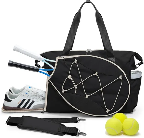 Vista 8 de Smasrob Bolsa de viaje de tenis para mujer con bolsillo exterior para raqueta con cordón y compartimento separado para zapatos, bolsas de fin