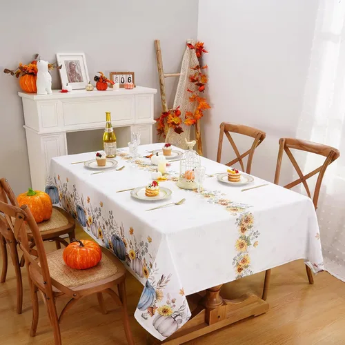 Vista 9 de Mantel de Acción de Gracias, mantel de calabaza de otoño, manteles de cosecha de girasoles de otoño, mantel impermeable a prueba de derrames