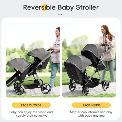Vista 2 de MU Cochecito doble, cochecito plegable en tándem doble con respaldo ajustable, asiento reversible, arnés de 5 puntos, canasta de almacenamiento, Gris