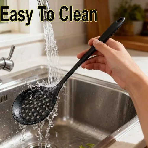 Vista 7 de Cucharas de cocina ranuradas de silicona, cucharón de cocina, cuchara coladora, cuchara espumadora, cucharón de sopa, cucharas ranuradas