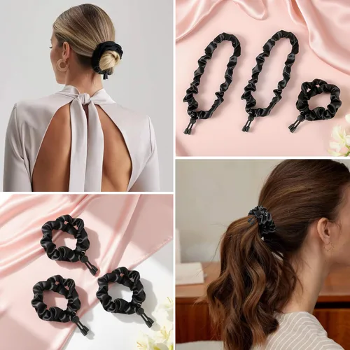Vista 6 de Babalet Lazo ajustable de satén de seda para el cabello, bandas elásticas para el cabello de longitud extra para mujer, fáciles de usar para cabello