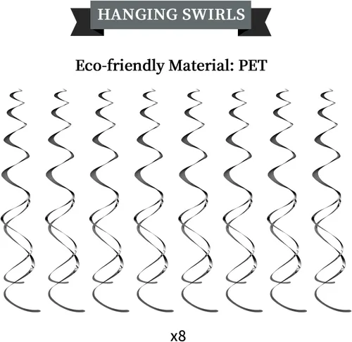 Vista 4 de Kit de decoración de cumpleaños negro, juego de 16 piezas con pancarta de feliz cumpleaños preencordada, bolas de panal, guirnalda y espirales