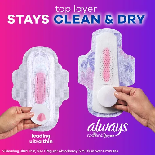 Vista 4 de Always Almohadillas femeninas radiantes para mujer, tamaño 3, absorción de flujo extra pesado, con espuma flexible, con alas, perfumadas, 22