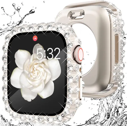 Vista 19 de Wingle 2 en 1 Funda impermeable para Apple Watch 40mm Protector de pantalla SE 3/2/1 Series 6 5 4, Bling Lace Edge Diamond Cara Cubierta Completa