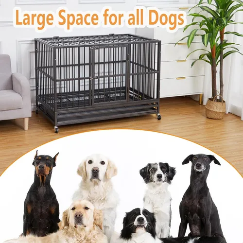 Vista 7 de Jaula para perros indestructible de alta resistencia de 48 pulgadas, jaula grande para perros con ruedas y cerraduras resistentes, perrera