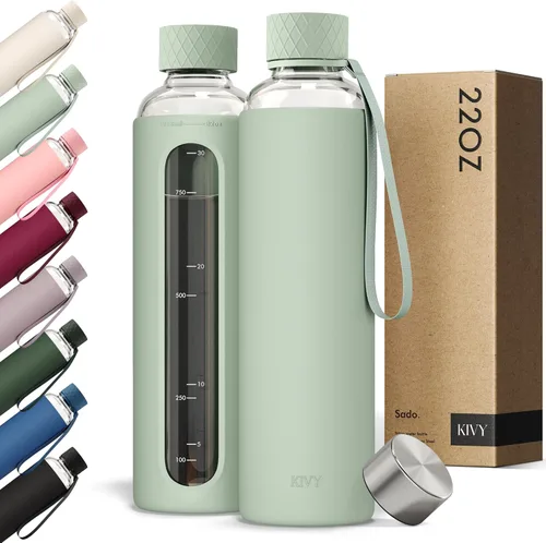 Vista 15 de KIVY Botella de agua de vidrio con funda de silicona de 22 onzas [Con medidas] – Botella de agua de vidrio de borosilicato con tapa de rosca
