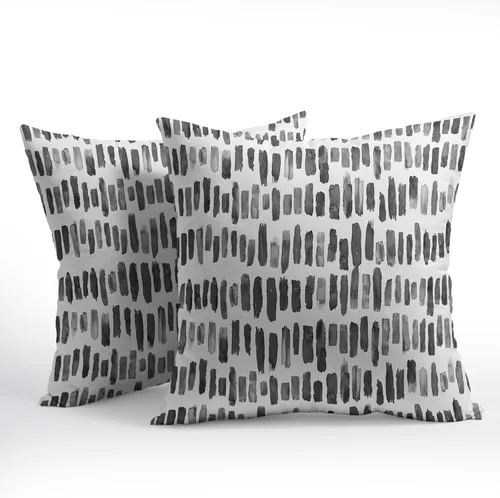 Vista 2 de Juego de 2 fundas de almohada de rayas negras para exteriores, 16 x 16 pulgadas, diseño geométrico de rayas abstractas, algodón y lino, cuadradas