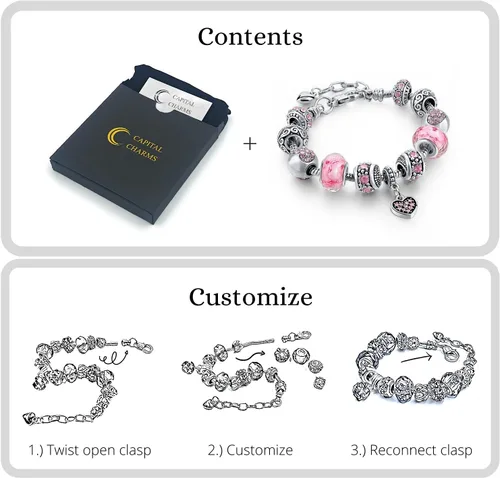 Vista 2 de Juego de pulseras chapadas en plata con corazones rosados, regalos de joyería con cuentas, dijes y cadena de serpiente ajustable, se adapta a 7.5