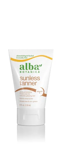 Alba Botanica Bronceador sin sol, hidratante bronceador gradual, con vitamina C y manteca de karité, 4 onzas (el embalaje puede variar)