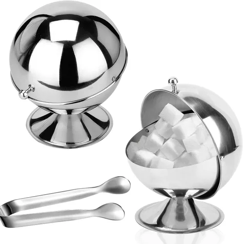 Vista 7 de EATAKWARD Azucarero con tapa enrollable de acero inoxidable esférico para dulces con pinza de azúcar de 4.3 pulgadas, clip de azúcar inoxidable