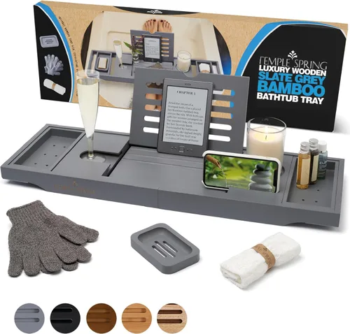 Vista 10 de Bandeja de bañera de madera Temple Spring, accesorios de baño de acacia, bandeja de baño para tina, elementos esenciales para spa en casa, tablero