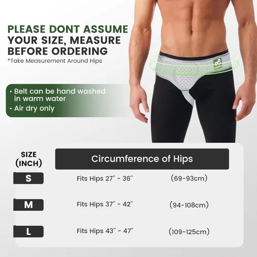 Vista 7 de Cinturón de hernia para hombres y mujeres, lado izquierdo o derecho, soporte para dolor de ingle con almohadillas de compresión extraíbles para pre