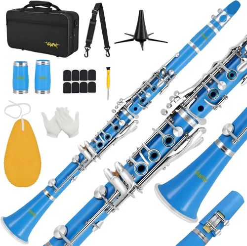 Vista 10 de Clarinete Bb para principiantes estudiantes, clarinete en Si bemol, clarinetes de 17 llaves con estuche, soporte, correa, 2 barriles, 8 almohadillas