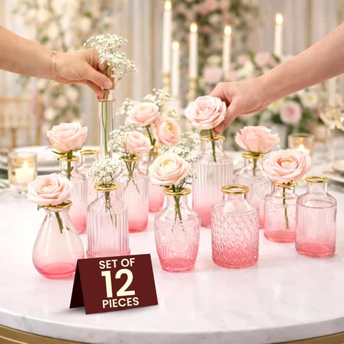 Vista 10 de 12 jarrones de champán de alta calidad con bordes dorados, pequeños jarrones a granel para decoración de mesa y boda, mini jarrones para flores