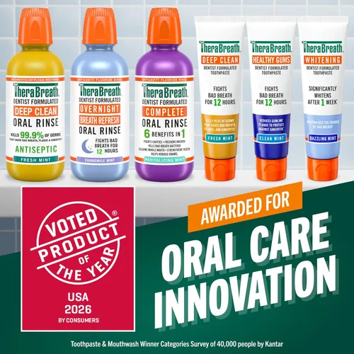 Vista 4 de TheraBreath Pasta de dientes para encías saludables, combate el mal aliento durante 12 horas, con fluoruro de estaño para protección contra