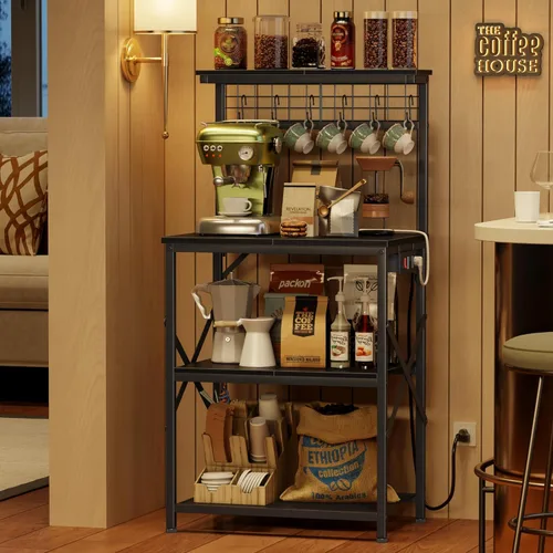 Vista 7 de Furologee Estante para hornear de cocina con toma de corriente, soporte para horno de microondas con almacenamiento de 4 niveles, mesa de café con 6