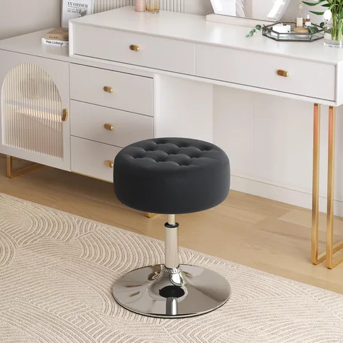 Vista 6 de Furniliving Taburete Otomano de Maquillaje de Terciopelo Acolchado de Mediados de Siglo, Silla Taburete de Tocador Giratoria Redonda Ajustable