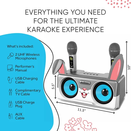 Vista 7 de Máquina de karaoke de conejo para niños, niños y niños pequeños con 2 micrófonos inalámbricos Bluetooth, sistema de altavoces PA portátil que