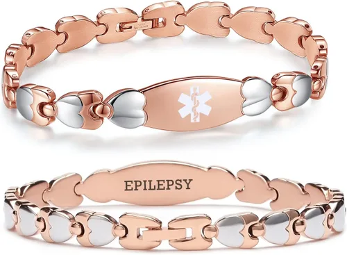 Vista 10 de LinnaLove Pulsera de identificación médica de doble corazón para mujeres 7 1/2 pulgadas de acero inoxidable de moda pulseras de alerta médica