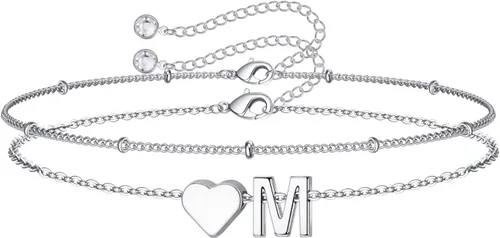 Vista 47 de M MOOHAM Pulseras de oro con inicial de corazón para mujer, pulseras con dije de letra A-Z de corazón dorado en capas para mujer, pulseras