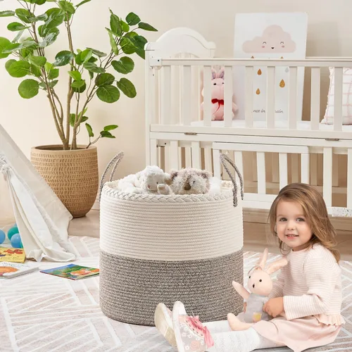 Vista 3 de KAKAMAY Cesta grande para manta (18 x 18 x 16 pulgadas), cesta tejida para ropa sucia para bebé, cestas de cuerda de algodón para guardería, Blanco