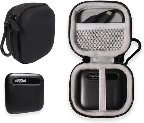 Alltravel Funda tamaño palma para Crucial X6 SSD portátil, compatible con 500 GB, 1 TB, 2 TB, 4 TB, bolsillo de malla para cable SSD, adaptador USB