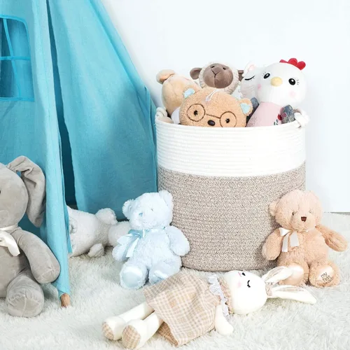 Vista 4 de MINTWOOD Design Cesta de almacenamiento de cuerda de algodón tejida de 15 x 14.2 pulgadas, cesta de juguetes de peluche, canasta de lavandería