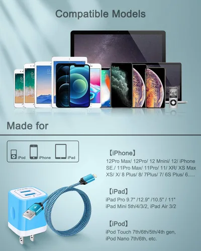 Vista 7 de AILKIN Cargadores de iPhone, [certificado Apple MFI] Cable Lightning trenzado de 6 pies de largo + cargador de pared USB, cable de alimentación