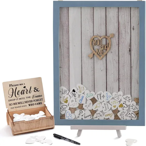 Y&K Homish Marco de fotos de madera para libro de invitados de boda, con 100 corazones, decoraciones rústicas y regalo, azul océano