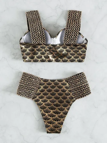 Vista 7 de WDIRARA Conjunto de bikini de 2 piezas con estampado metálico y tirantes anchos para mujer